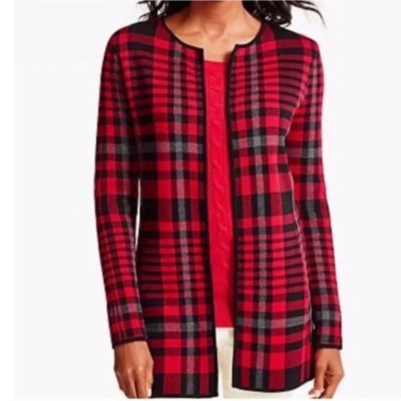 Talbots Red Black Gray Plaid Cardigan Jacket XLP Petite XL - Picture 1 of 7